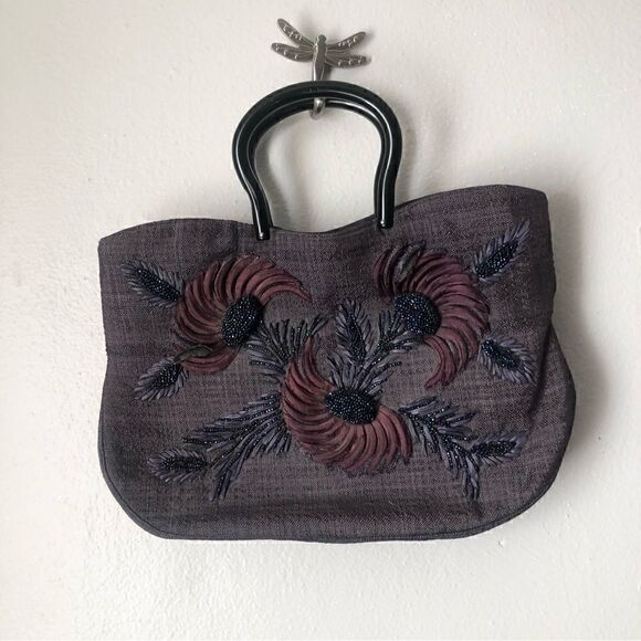 Vintage Handbags - Vintage beaded purple floral feather design vintage handbag